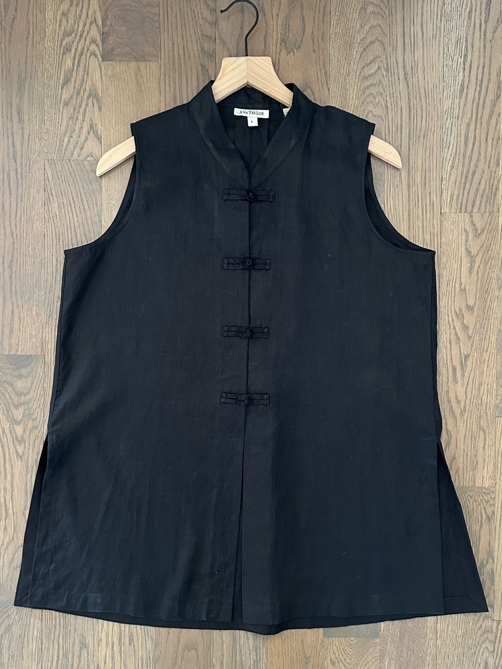 Vintage Ann Taylor Band Collar Frog Knot 100% Linen Tunic Blouse in Black Large